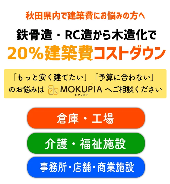 鉄骨造・RC造から木造化で20%建築費コストダウン
